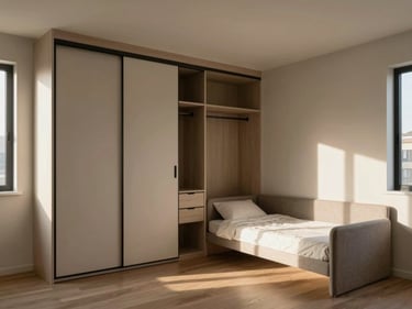 Wide shot of a completed bedroom interior, built-in wardrobe system with sliding doors in matte finish, cot with upholstered headboard, late afternoon natural light from side window, sparsely furnished to show spatial proportion, no people