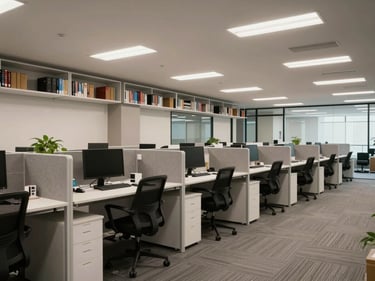 Wide environmental shot of a completed office interior, workstation rows with overhead storage, glass partition wall, diffused ceiling light, no people, true-color photograph showing spatial flow and material finish