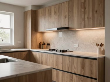 Medium shot of a completed modular kitchen, handleless cabinets, stone countertop, under-cabinet lighting off, soft diffused natural light from adjacent window showing laminate finish and hardware detail, no people, storage logic clearly visible