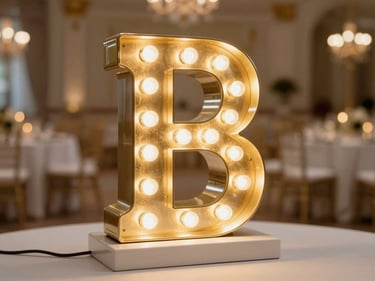 Macro close-up of an illuminated LED letter sign resting on an elegant white stand in an empty decorated hall, warm golden light reflecting off polished metal surface, bokeh background of candlelit tables