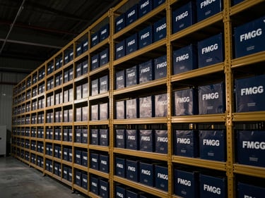 High-end logistics facility for FMCG products, clean and structured, low-key side-lighting, 35mm.
