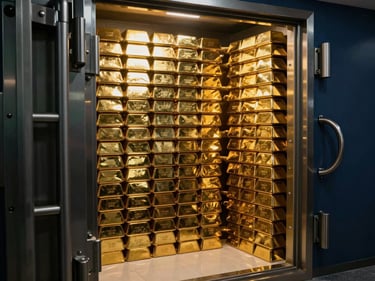 Secure vault environment with stacks of gold bars, dramatic low-key side-lighting, metallic highlights, 35mm.