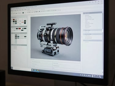 A professional creative working on a wireframe on a large monitor in a dimly lit North American / US studio, with subtle light grey accents.