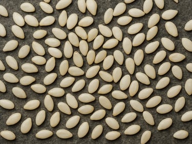 Macro close-up of white sesame seeds scattered on a flat stone surface under bright diffused studio light, showing individual seed texture and ivory color, overhead framing
