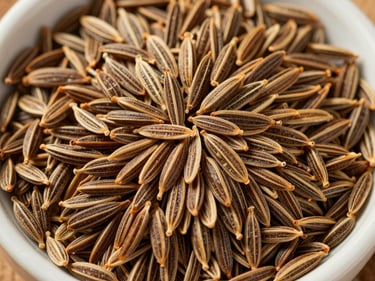 Macro close-up of dried cumin seeds in a shallow ceramic bowl under diffused daylight, showing elongated ridged seed form and warm brown tone, overhead flat-lay