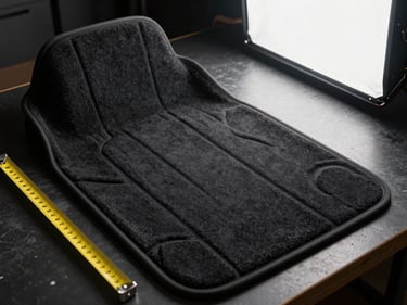 Extreme close-up overhead flat-lay of a custom-fit car floor mat and seat cover on a dark workshop bench, measuring tape alongside, soft studio light, no people