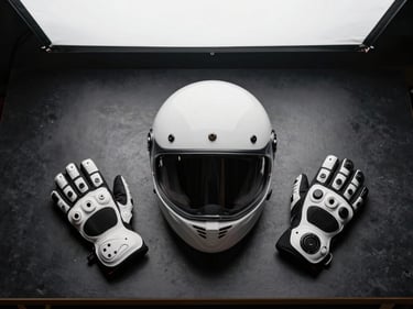 Overhead flat-lay of motorcycle helmet and protective gloves on a dark workbench, soft studio strobe light from above, clean composition, no people