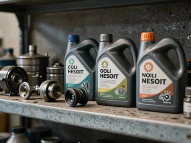 Close-up of agricultural spare parts and lubricant bottles arranged on a metal workshop shelf, north-facing daylight, dark concrete wall behind, no people