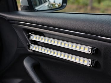 Close-up of a professional LED strip kit installed inside a car door panel, contacts clearly visible, north-facing daylight, dark background, no lifestyle staging