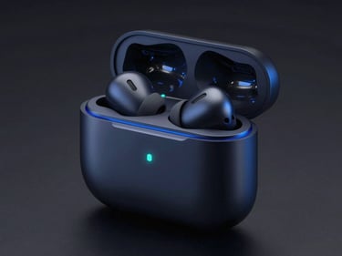 High-tech wireless earbuds in charging case, electric blue rim-lighting, dark premium product photography, 8k
