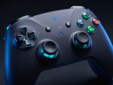 Close-up of a gaming controller with glowing cyan accents, electric blue rim-lighting, dark premium product photography, 8k