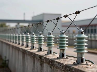 Close-angle shot of electric fence insulators and tensioned wire strung along a perimeter wall top, daylight, industrial facility visible in soft background blur