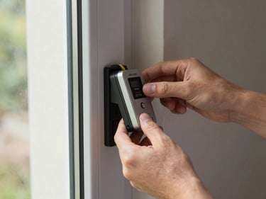 Hands installing a Hikvision card reader on a brushed metal door frame, wiring visible mid-work, daylight from adjacent window, tight crop on the device and hands