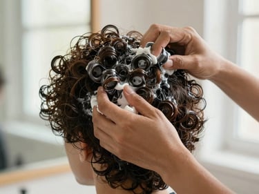 Hands mid-application of curl cream on textured natural hair, close environmental shot, soft daylight from a window, authentic curl pattern visible, no filters