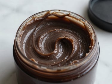 Close-up of a deep conditioning hair mask in a wide dark jar, rich cream texture visible, natural daylight on marble surface, no text