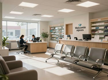 Welcoming pharmacy waiting area with comfortable chairs and bright natural light, administrative staff visible at a desk in background, clean modern interior, wide environmental shot