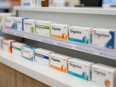 Organized pharmacy counter display with clearly labeled medication boxes, bright studio lighting, clean white surface, close-medium framing showing product detail