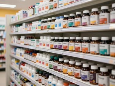 Wide pharmacy shelf shot, well-lit with clean daylight, rows of vitamin and supplement bottles neatly arranged, bright white shelving, warm professional lighting, medium environmental framing