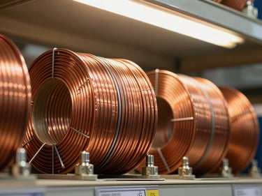 Extreme close-up of copper wiring coils and electrical conduit fittings on a warehouse shelf, warm overhead fluorescent light, sharp wire detail