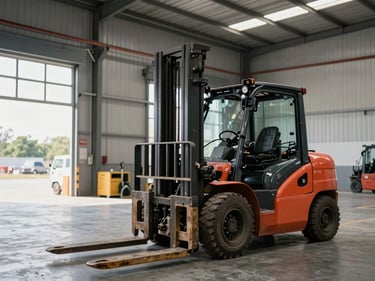 Wide environmental shot of heavy construction equipment — a forklift and pallet jack operating inside a large industrial warehouse, daylight from loading bay, concrete floor