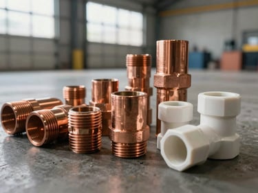 Close-up of copper pipe sections and PVC fittings arranged on a warehouse floor, natural daylight through loading bay doors, pipe threads visible