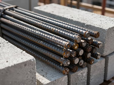 Close-up of bundled rebar and stacked concrete blocks on a mid-project construction site, natural daylight, rough texture detail visible