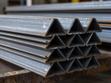 Extreme close-up of structural steel angle bars and H-beams stacked in a warehouse, warehouse overhead light casting hard shadows, raw steel texture