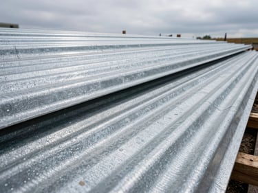 Wide shot of corrugated metal roofing sheets stacked on a construction site, overcast daylight, textured galvanized surface detail, perspective receding to the right
