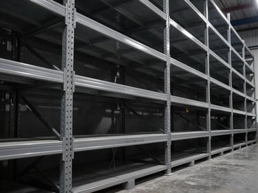 Rows of heavy-duty industrial shelving units in a warehouse, showing different depths, low-angle shot, organized and clean.