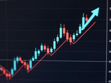 Tight crop of a candlestick chart with bright cyan buy arrow and red sell arrow overlaid at signal candles, dark charcoal background, clean indicator line below price