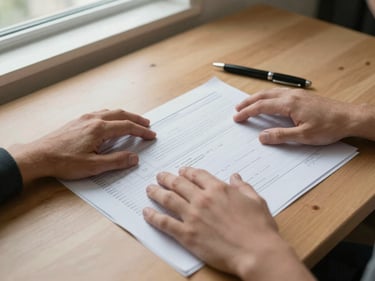 Hands spread across a printed property report on a plain wooden desk, a pen resting nearby, north-facing window light, paperwork visible with handwritten notes in margins — documentary close shot, no props