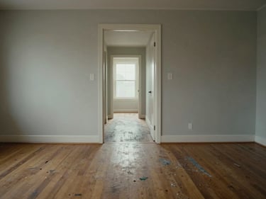 Empty interior hallway of a vacant house, scuffed hardwood floors, flat overcast light through a doorway at the end, no furniture, slightly off-center framing — documentary environmental shot