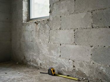 Close medium shot of a cracked foundation wall in a dim basement, available light from a small window, unpainted concrete block, a measuring tape resting on the floor — honest documentation framing, no styling