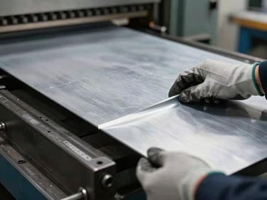 Hands guiding a sheet metal blank through a press brake, gloves worn, the formed angle of the part visible at the bend line under overhead shop lighting
