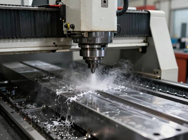 Wide shot of a CNC milling machine mid-operation, coolant misting over a steel billet, tool path visible in the cut surface, shop lighting natural