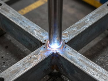 Close-up overhead shot of a structural steel weldment joint under task lighting on a fabrication bench, weld bead visible and clean, shop floor in background