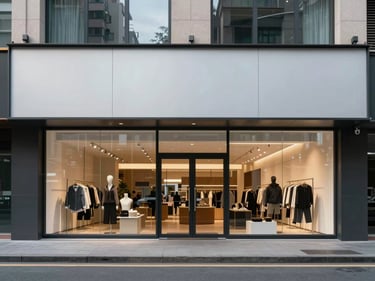 Wide shot of a commercial building street-level facade with glass shopfront and rendered upper panels, overcast daylight, no people, architectural framing emphasizing surface condition