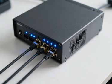Close-up overhead of a pfSense firewall appliance on a clean desk, status LEDs lit in blue, ethernet cables routed neatly, bright north-facing daylight
