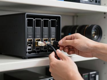 Hands connecting an Ethernet cable into the rear panel of a NAS unit on a shelf, drive bays partially open, clean workshop lighting from above
