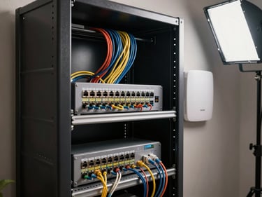 Wide shot of a home network closet with a managed switch and patch panel, cables color-coded and labeled, wall-mounted Ruckus access point visible in the upper right, shadowless studio light