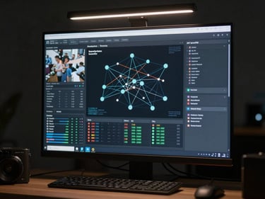 Security monitoring dashboard on a desktop display showing network topology and alert indicators, screen at reading distance, dark room with a single overhead light on the desk
