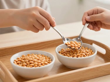 Close-up of a child's hands spooning dried lentils from one small bowl to another on a wooden tray, natural daylight, Montessori practical life activity, no face visible, warm neutral background