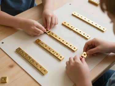Overhead view of Montessori golden bead material arranged on a work mat, child's small hands grouping unit beads, natural light, classroom floor visible, no face, ordered and calm