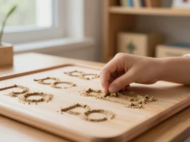 Child's hand tracing a sandpaper letter on a Montessori language board, natural window light, wooden shelf with language materials in soft focus background, no face visible