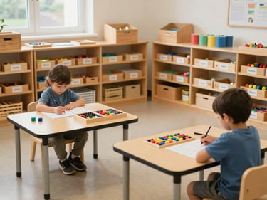 Wide shot of a Montessori primary classroom corner, child-height shelves with labeled material boxes, two children working at separate low tables on writing and bead frame work, natural daylight, calm and orderly