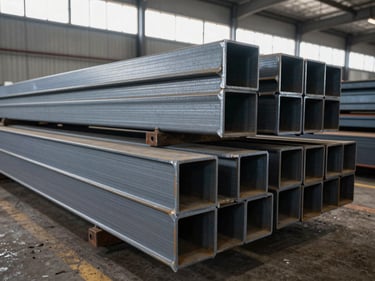 Wide shot of structural I-beams and H-beams stacked in organised rows inside a warehouse, natural daylight entering from high clerestory windows, steel flanges visible end-on