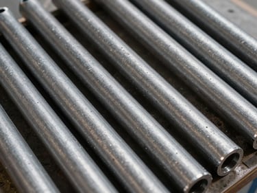 Close-up overhead of TMT bar cross-sections arranged in a tight grid on a warehouse floor, corrugated ribs in sharp relief under work-light, mill-scale grey surface