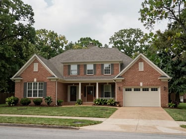 Wide environmental exterior of a brick ranch-style home in Fayetteville on a tree-lined street, soft overcast daylight, driveway visible, natural landscaping, observed documentary framing