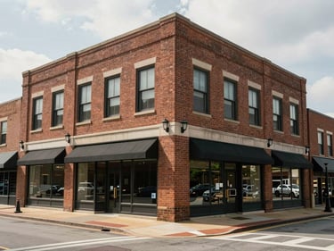 Wide shot of a two-story mixed-use building in downtown Fayetteville AR, brick facade, street-level storefront, overcast soft daylight, pedestrian sidewalk visible, observed framing