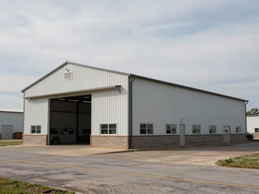 Wide environmental exterior of a small warehouse and office building in Rogers AR industrial district, metal siding, loading dock visible, flat overcast sky, documentary framing showing surrounding lot